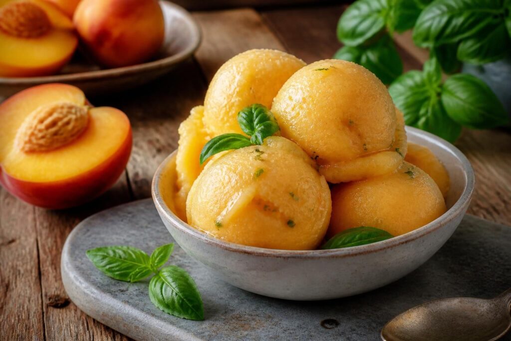 Pfirsich-Basilikum-Sorbet in einer weißen Schale, garniert mit frischen Basilikumblättern und Pfirsichscheiben, auf einem Holztisch in natürlichem Sommerlicht