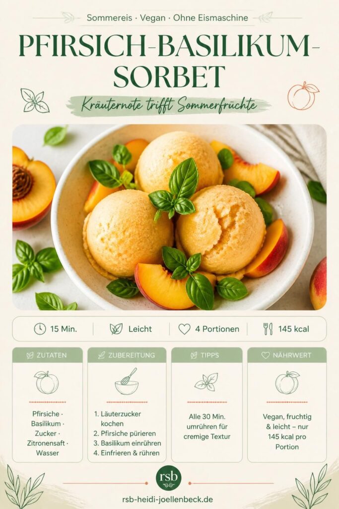 Pfirsich-Basilikum-Sorbet ohne Eismaschine – Pinterest-Rezeptbild mit Zutaten und Zubereitungsschritten