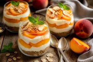 Pfirsich-Mandel-Dessert im Glas – cremige Schichten mit Pfirsichen, Mandelcreme und Keksboden, ohne Backen zubereitet
