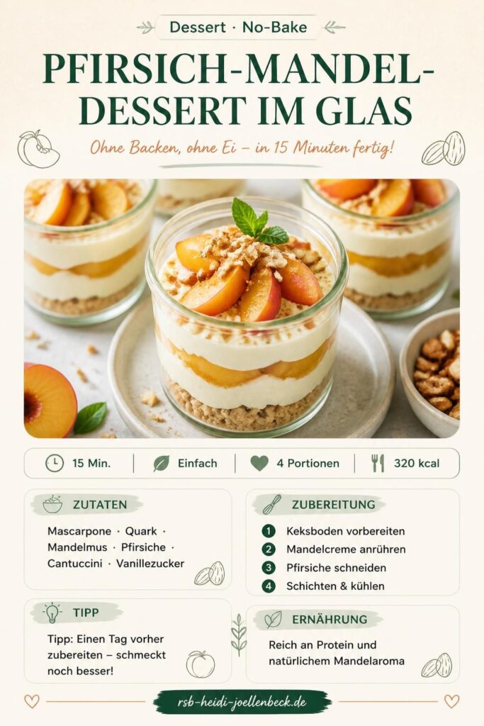Pfirsich-Mandel-Dessert im Glas – No-Bake-Schichtdessert mit Mandelcreme und Pfirsichen