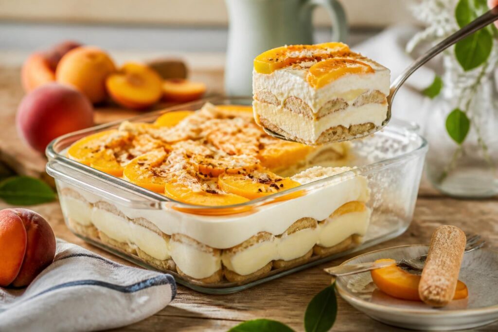 Pfirsich-Pudding-Tiramisu ohne Ei im Glas: cremige Vanille-Mascarpone-Schichten mit saftigen Pfirsichen und Löffelbiskuits, von oben fotografiert auf hellem Holzuntergrund