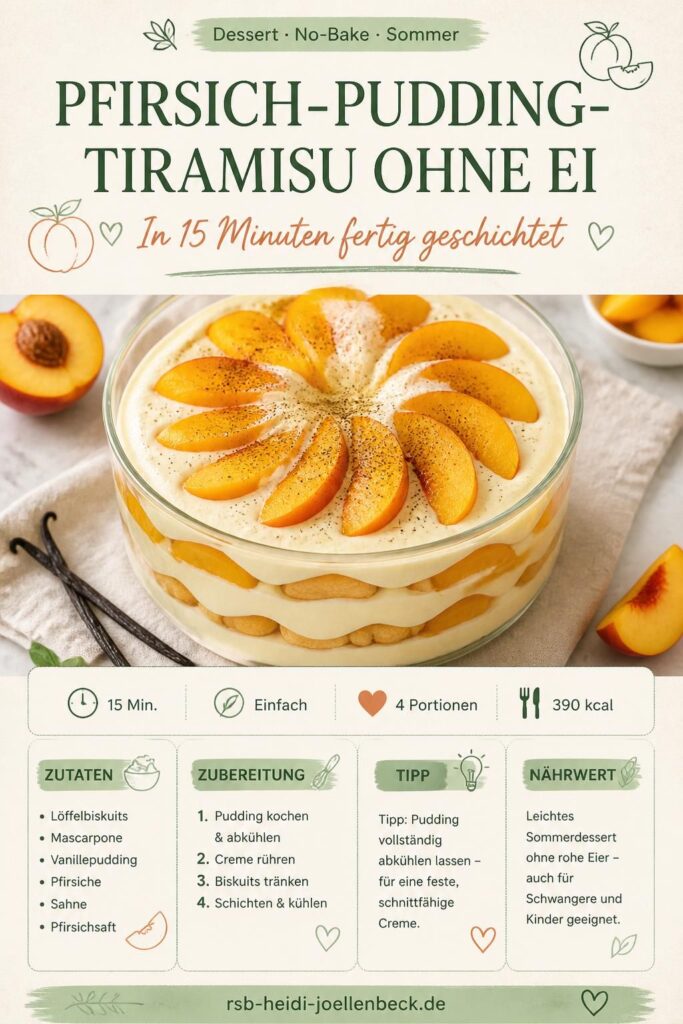 Pfirsich-Pudding-Tiramisu ohne Ei im Glas: cremige Schichten mit Pfirsichen und Löffelbiskuits