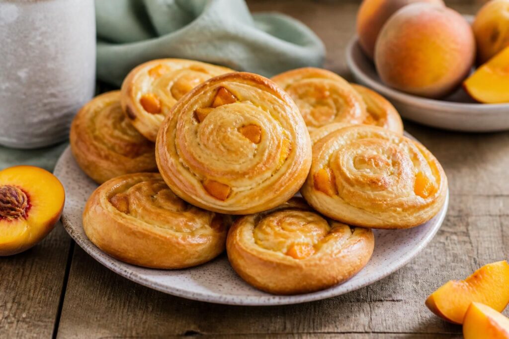 Pfirsich-Quark-Schnecken ohne Hefe auf einem Holzbrett, goldbraun gebacken mit frischen Pfirsichstücken und Zuckerguss