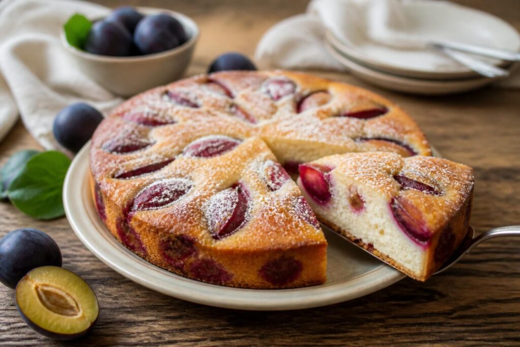 Pflaumen-Joghurt-Kuchen aus der Pfanne, saftig und goldbraun, mit frischen Pflaumen belegt, auf einem Holzbrett angerichtet