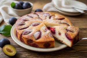 Pflaumen-Joghurt-Kuchen aus der Pfanne, saftig und goldbraun, mit frischen Pflaumen belegt, auf einem Holzbrett angerichtet
