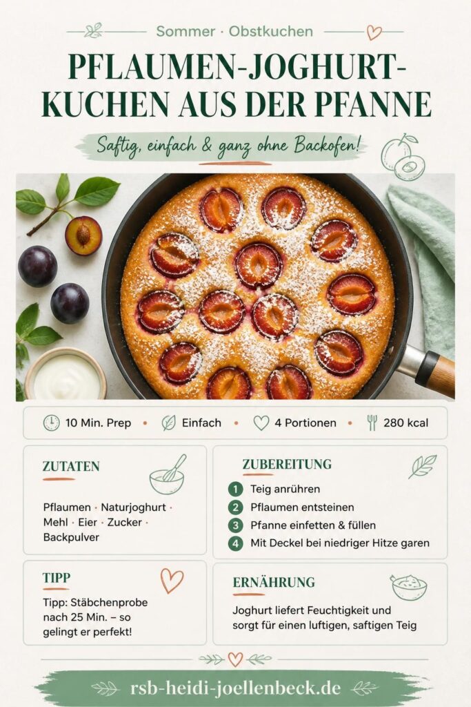 Pflaumen-Joghurt-Kuchen aus der Pfanne, saftig und mit Puderzucker bestäubt – Pinterest-Rezeptkarte