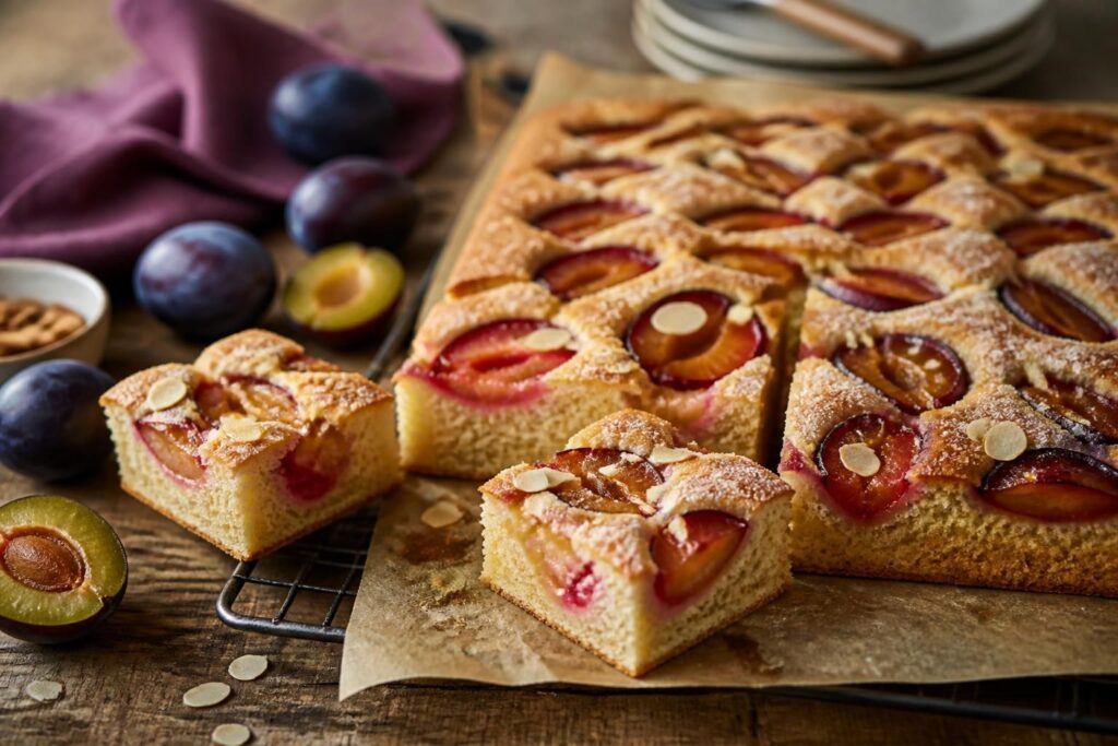 Saftiger Pflaumenkuchen vom Blech mit Marzipan und Mandelblättchen, in Stücke geschnitten auf einem Holzbrett