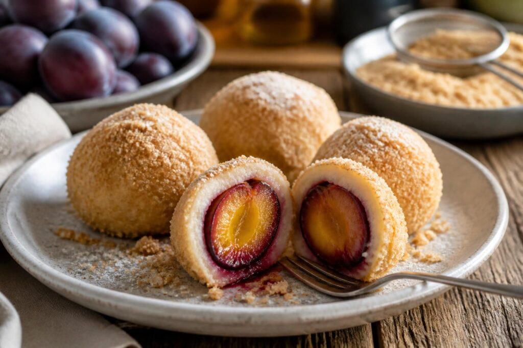 Pflaumenknödel aus Quarkteig auf einem weißen Teller, bestreut mit goldbraunen Semmelbröseln und Zimtzucker, daneben frische Zwetschgen