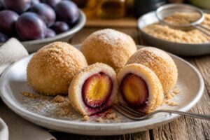 Pflaumenknödel aus Quarkteig auf einem weißen Teller, bestreut mit goldbraunen Semmelbröseln und Zimtzucker, daneben frische Zwetschgen