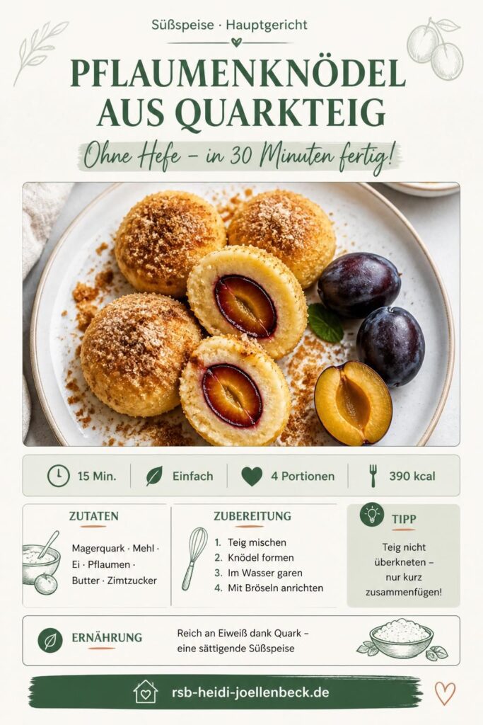 Pflaumenknödel aus Quarkteig auf einem Teller mit Semmelbröseln und Zimtzucker – Pinterest-Bild