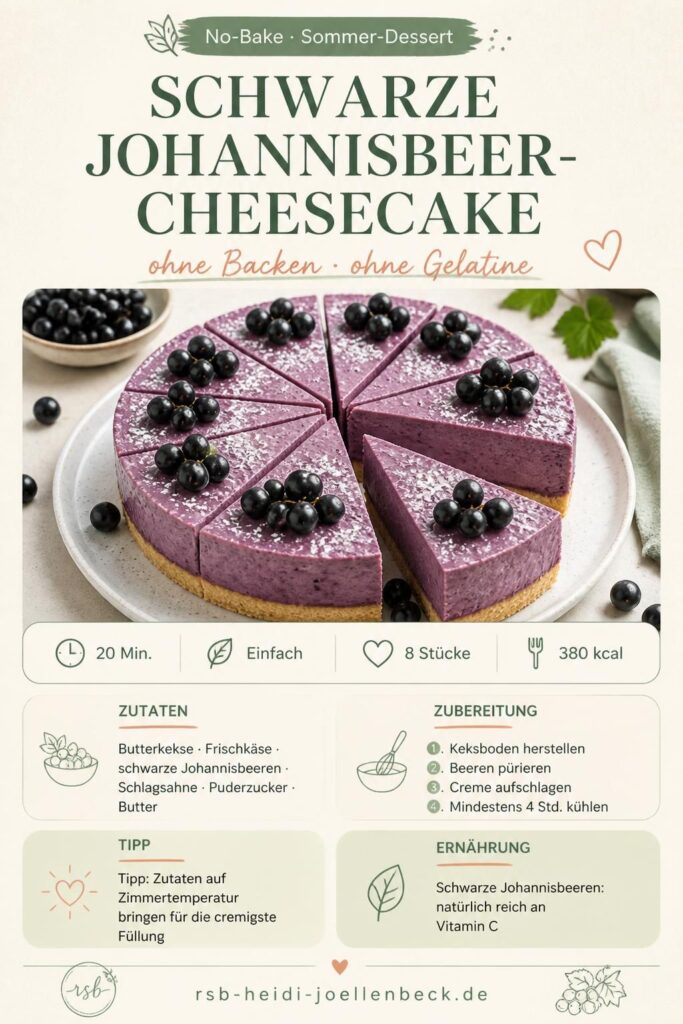 Schwarze-Johannisbeer-Cheesecake ohne Backen – Pinterest-Grafik mit Zutaten und Zubereitungsschritten