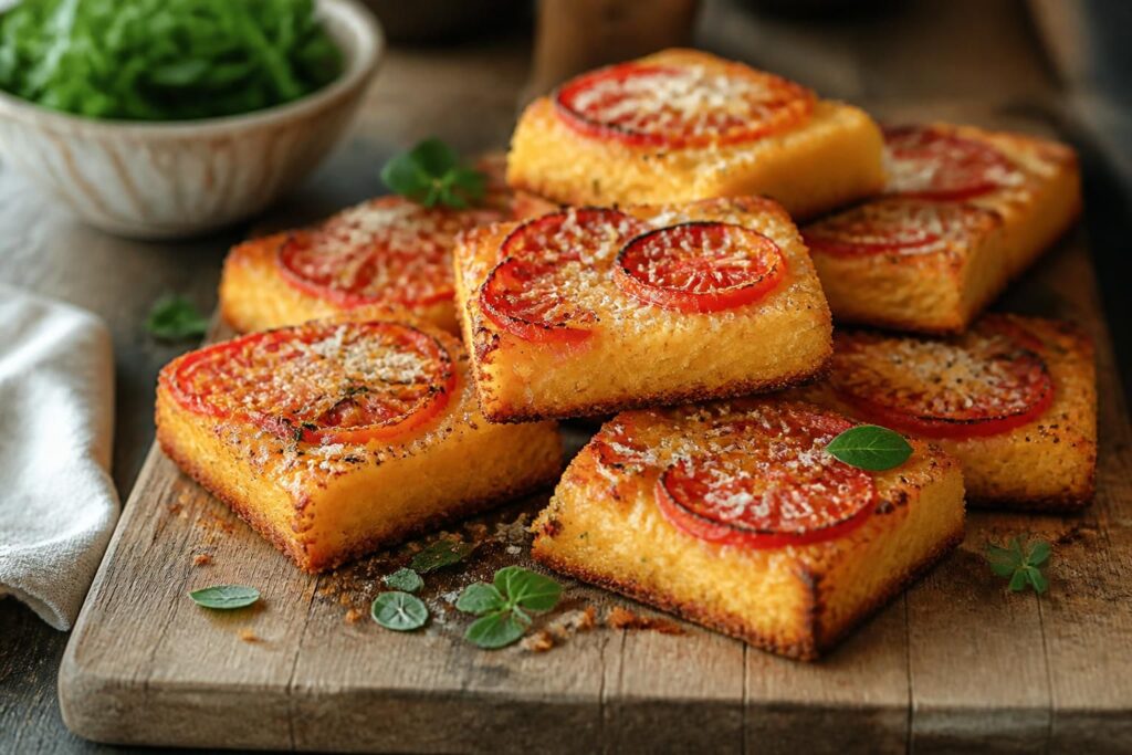 Tomaten-Polenta-Schnitten vom Blech mit goldbrauner Parmesan-Kruste und frischen Kirschtomaten, von oben fotografiert