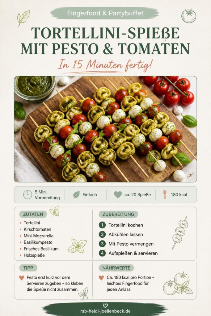 Tortellini-Spieße mit grünem Pesto, Kirschtomaten und Mini-Mozzarella auf einem Holzbrett – Pinterest-Rezeptkarte