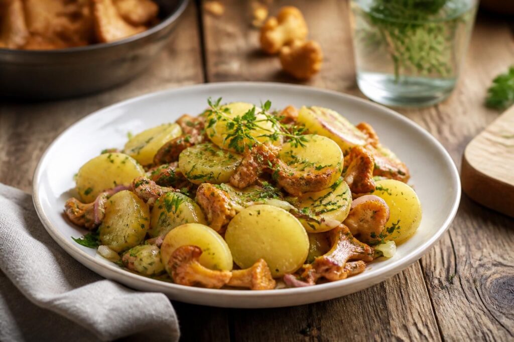 Warmer Pfifferling-Kartoffelsalat mit Schnittlauch, Petersilie und Senf-Dressing in einer Salatschüssel, von oben fotografiert