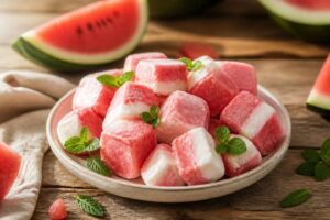 Wassermelonen-Frozen-Joghurt-Bites auf einem Backblech mit Backpapier, frische Wassermelonenstücke und griechischer Joghurt sichtbar, Draufsicht