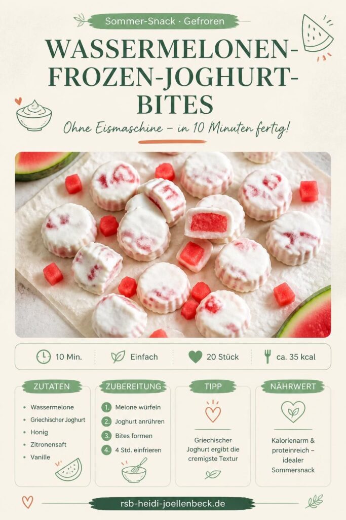 Wassermelonen-Frozen-Joghurt-Bites auf Backpapier, cremig und frisch, Pinterest-Rezeptbild