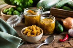 Drei Gläser selbst gemachtes Zucchini-Gurken-Relish auf einem Holzbrett, umgeben von frischen Zucchini und Gurken aus dem Garten