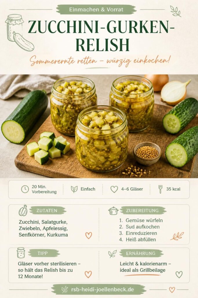 Pinterest-Pin: Zucchini-Gurken-Relish selber machen – würziges Einmachrezept für die Sommerernte