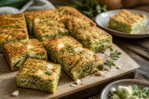Saftiger Zucchini-Kräuter-Kuchen vom Blech mit zerbröckeltem Feta, goldbraun gebacken, angeschnitten auf einem Holzbrett mit frischen Kräutern