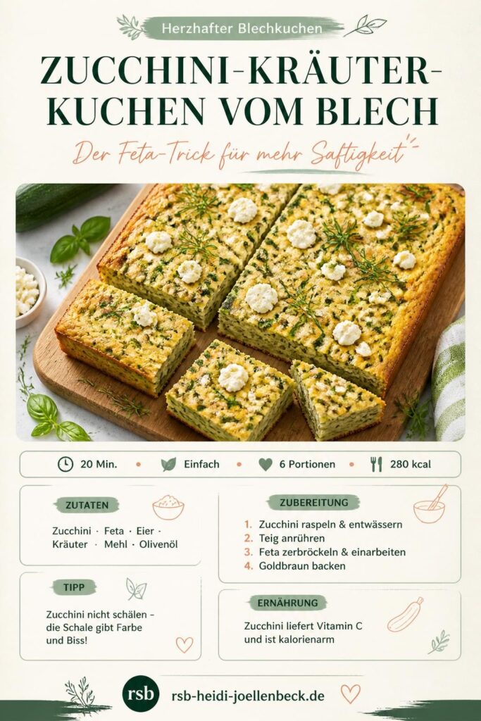 Zucchini-Kräuter-Kuchen vom Blech mit Feta, goldbraun gebacken und angeschnitten – Pinterest-Bild