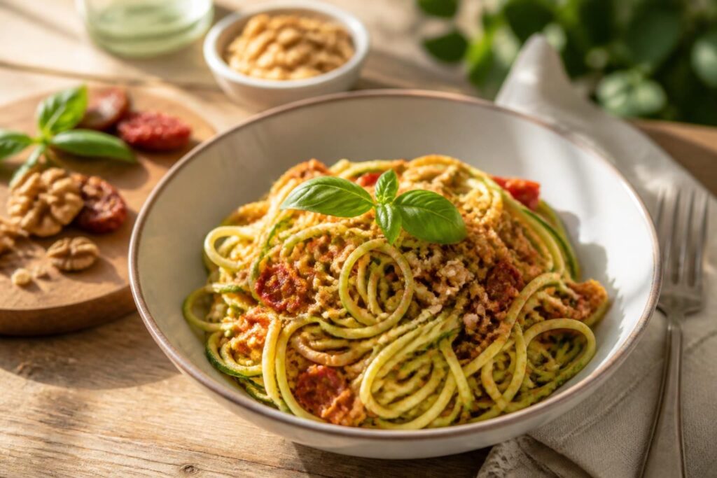 Zucchini-Nudeln mit Tomaten-Walnuss-Pesto in einer Schüssel, garniert mit frischem Basilikum und gehackten Walnüssen