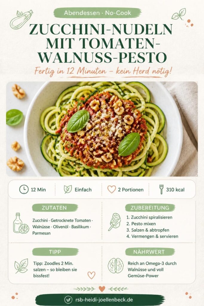 Zucchini-Nudeln mit Tomaten-Walnuss-Pesto – No-Cook-Rezept für 2 Portionen, fertig in 12 Minuten